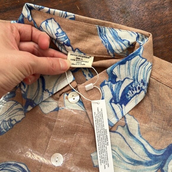 🆕 INDIGO SWIMWEAR Collard Blue Floral Tan 100% Linen Beach Coverup Shirt - Picture 6 of 6